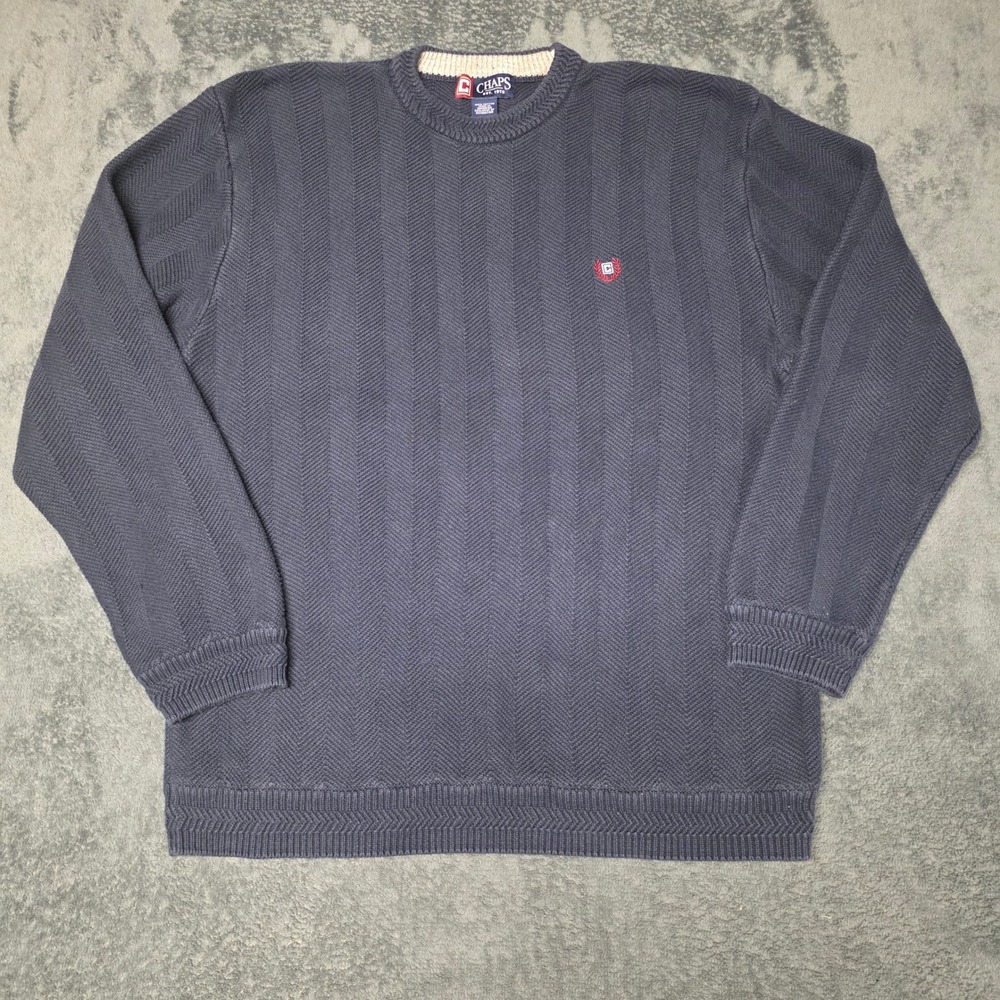 Vintage Chaps Sweater Mens L Blue Herringbone Y2K aesthetic Heavyweight Blue